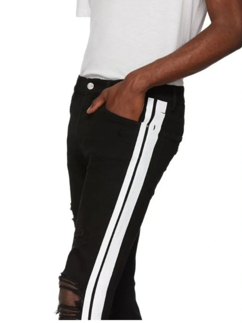AMIRI Men's Jet Black Denim Distressed Jeans with White Side Stripes Size 31